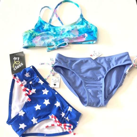 Bundle Art Class Cat & Jack Girl Tie dyed Bralette Blue Stars Bikini Bottoms 3Pc - Picture 1 of 14
